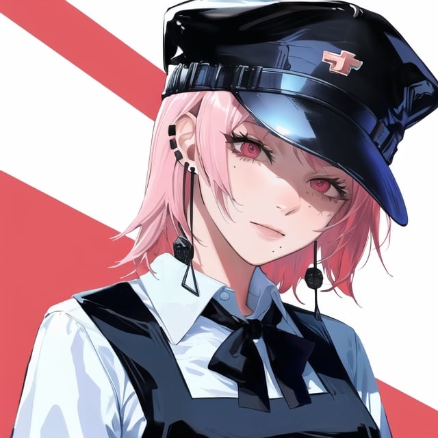 fami \(chainsaw man\), pink hair, red eyes, jewelry, earrings

Default Outfit: black hat, school uniform, pinafore dress, white shirt, neck ribbon

White background:1.5