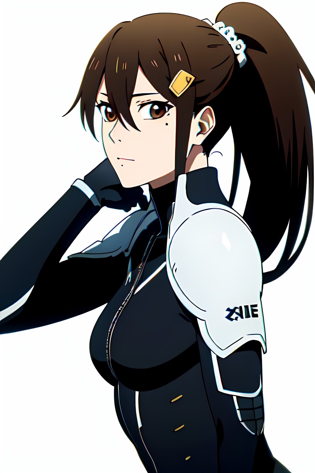 Masterpiece, best quality 

1girl, solo, mature female, long hair, hair between eyes, mole, brown eyes, ponytail, hair ornament,
 
, Bodysuit, armor,


, ((white background, blank background )):1