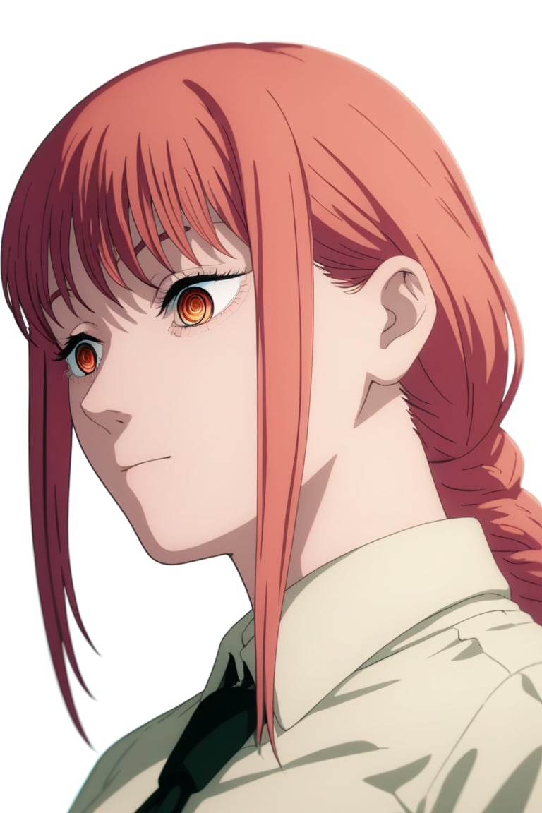 score_9, score_8_up, score_7_up, score_6_up, score_5_up, score_4_up, BREAK, source_anime,makima_v1, 1girl, red hair, ringed eyes, braided ponytail, solo, black necktie, shirt, collared shirt,black_pants,

, close-up view,




,(( white background, blank background)),chainsaw_man_style