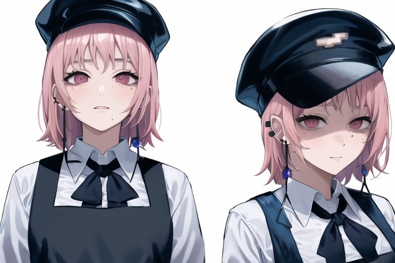 fami \(chainsaw man\), pink hair, red eyes, jewelry, earrings

Default Outfit: black hat, school uniform, pinafore dress, white shirt, neck ribbon

White background:1.5