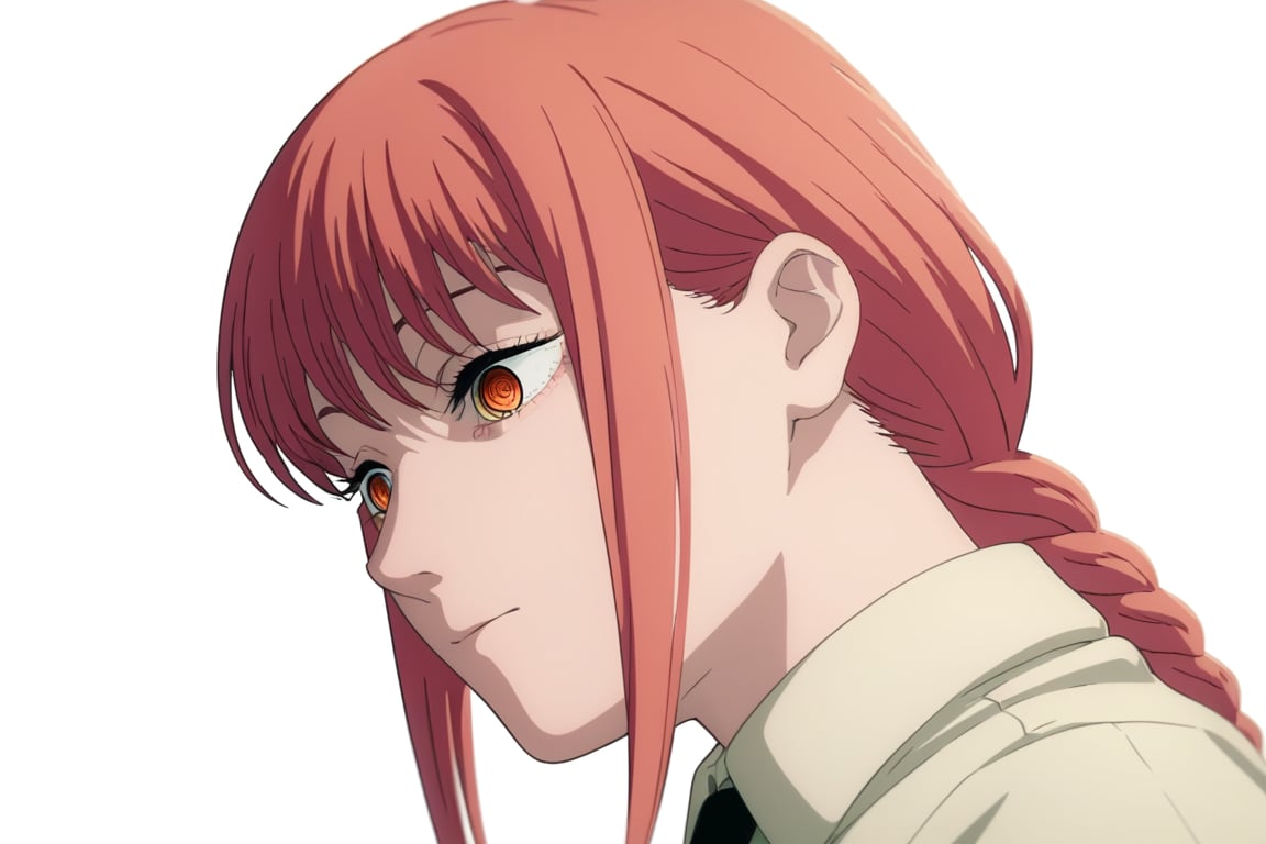 score_9, score_8_up, score_7_up, score_6_up, score_5_up, score_4_up, BREAK, source_anime,makima_v1, 1girl, red hair, ringed eyes, braided ponytail, solo, black necktie, shirt, collared shirt,black_pants,

, close-up view,




,(( white background, blank background)),chainsaw_man_style