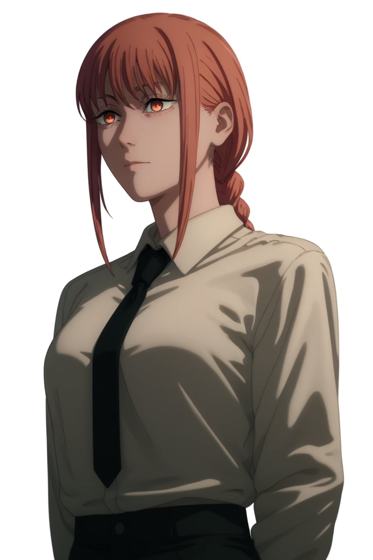 score_9, score_8_up, score_7_up, score_6_up, score_5_up, score_4_up, BREAK, source_anime,makima_v1, 1girl, red hair, ringed eyes, braided ponytail, solo, black necktie, shirt, collared shirt,black_pants,

, close-up view,




,(( white background, blank background)),chainsaw_man_style