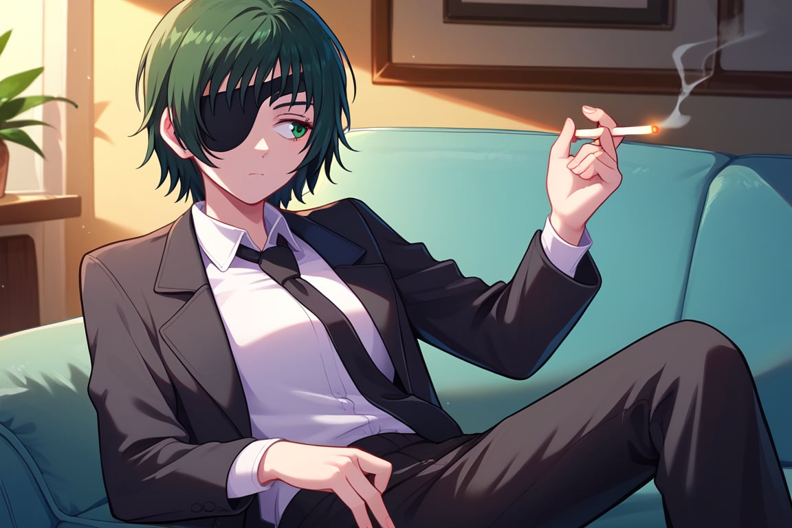 score_9, score_8_up, score_7_up, solo, 1girl, csmhimeno, expressionless, looking away, sitting, couch, holding cigarette, between fingers, green eyes, eyepatch, formal, black jacket, suit jacket, open jacket, long sleeves, white shirt, collared shirt, shirt tucked in, black necktie, black pants, indoors 