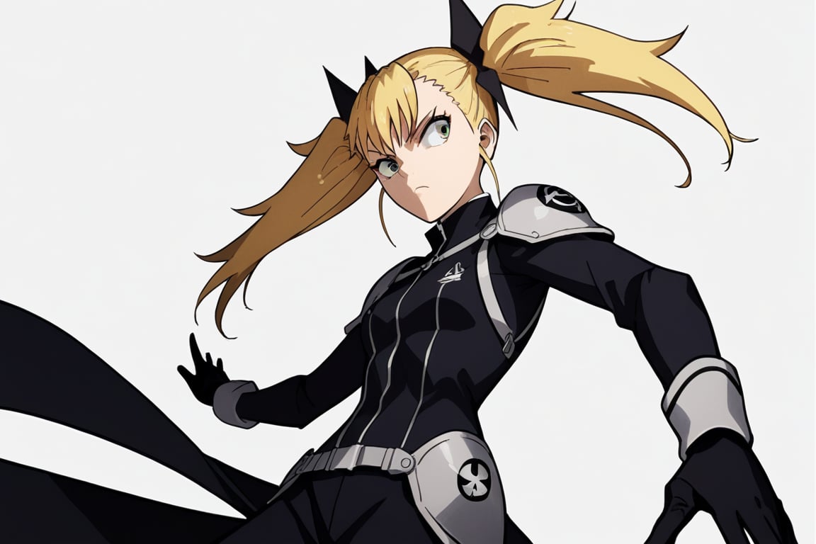 , shinomiya kikoru, solo, kaiju combat suit, black suit, standing, twintails, shoulder pads,score_9,score_8_up,score_7_up,source_anime,  

, white background,