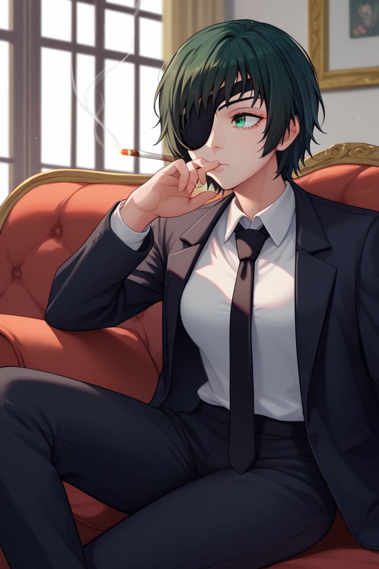 score_9, score_8_up, score_7_up, solo, 1girl, csmhimeno, expressionless, looking away, sitting, couch, holding cigarette, between fingers, green eyes, eyepatch, formal, black jacket, suit jacket, open jacket, long sleeves, white shirt, collared shirt, shirt tucked in, black necktie, black pants, indoors 