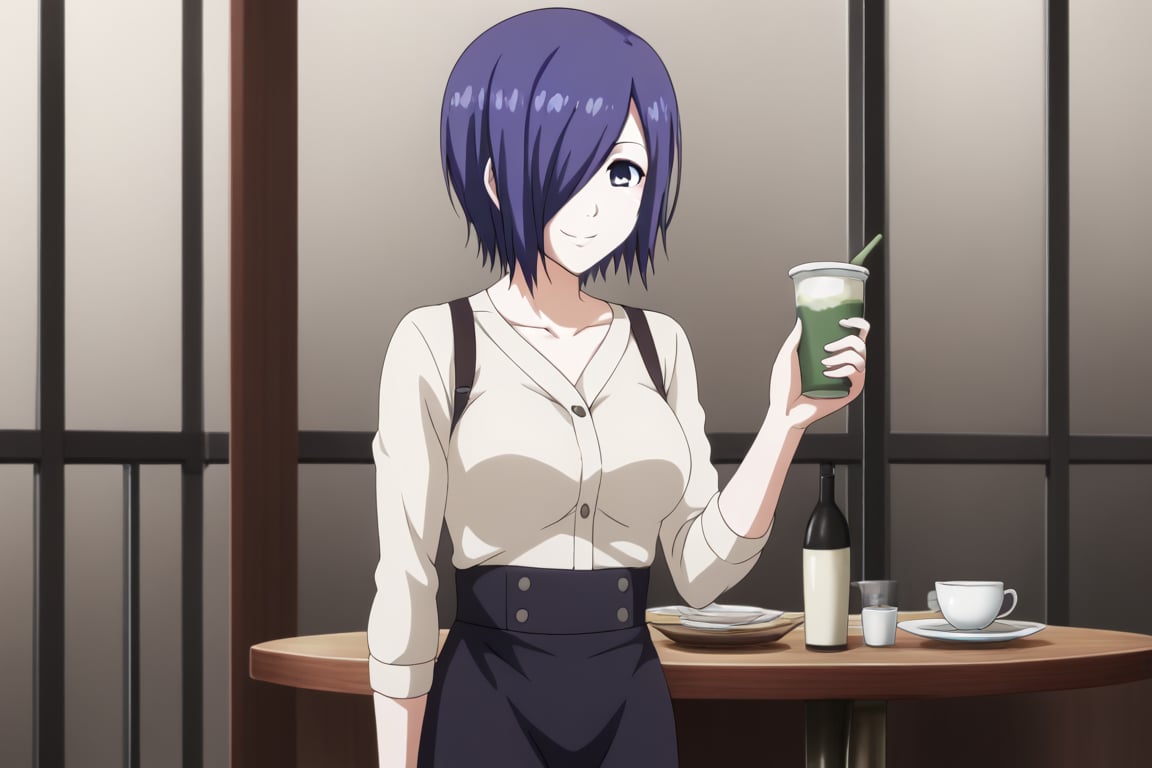 , slimes_touka, woman, solo, black skirt, hair over one eye, smile, cafe background