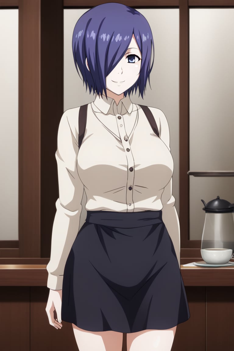 , slimes_touka, woman, solo, black skirt, hair over one eye, smile, cafe background