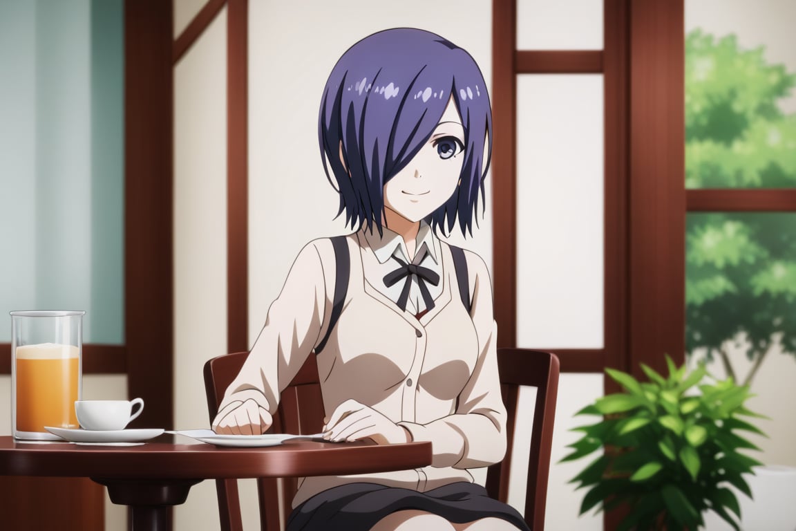 , slimes_touka, woman, solo, black skirt, hair over one eye, smile, cafe background