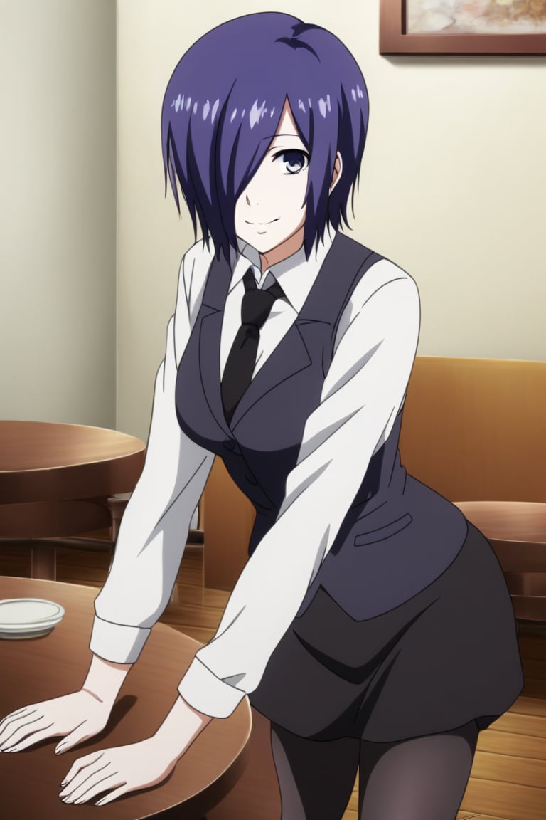 , slimes_touka, woman, black skirt, hair over one eye, smile, cafe background,1girl, solo, short hair, blue eyes, skirt, shirt, blue hair,  white shirt, pantyhose, necktie, collared shirt, indoors, hair over one eye, vest, black pantyhose, black necktie, black vest,  kirishima touka