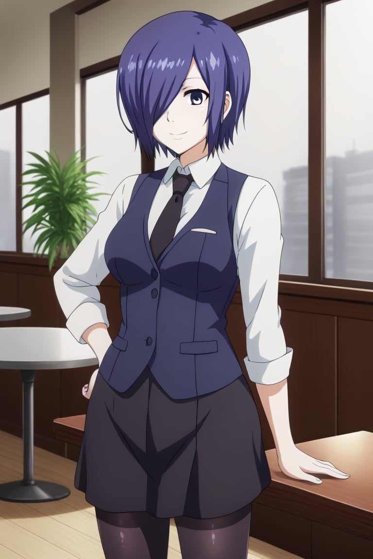 , slimes_touka, woman, black skirt, hair over one eye, smile, cafe background,1girl, solo, short hair, blue eyes, skirt, shirt, blue hair,  white shirt, pantyhose, necktie, collared shirt, indoors, hair over one eye, vest, black pantyhose, black necktie, black vest,  kirishima touka