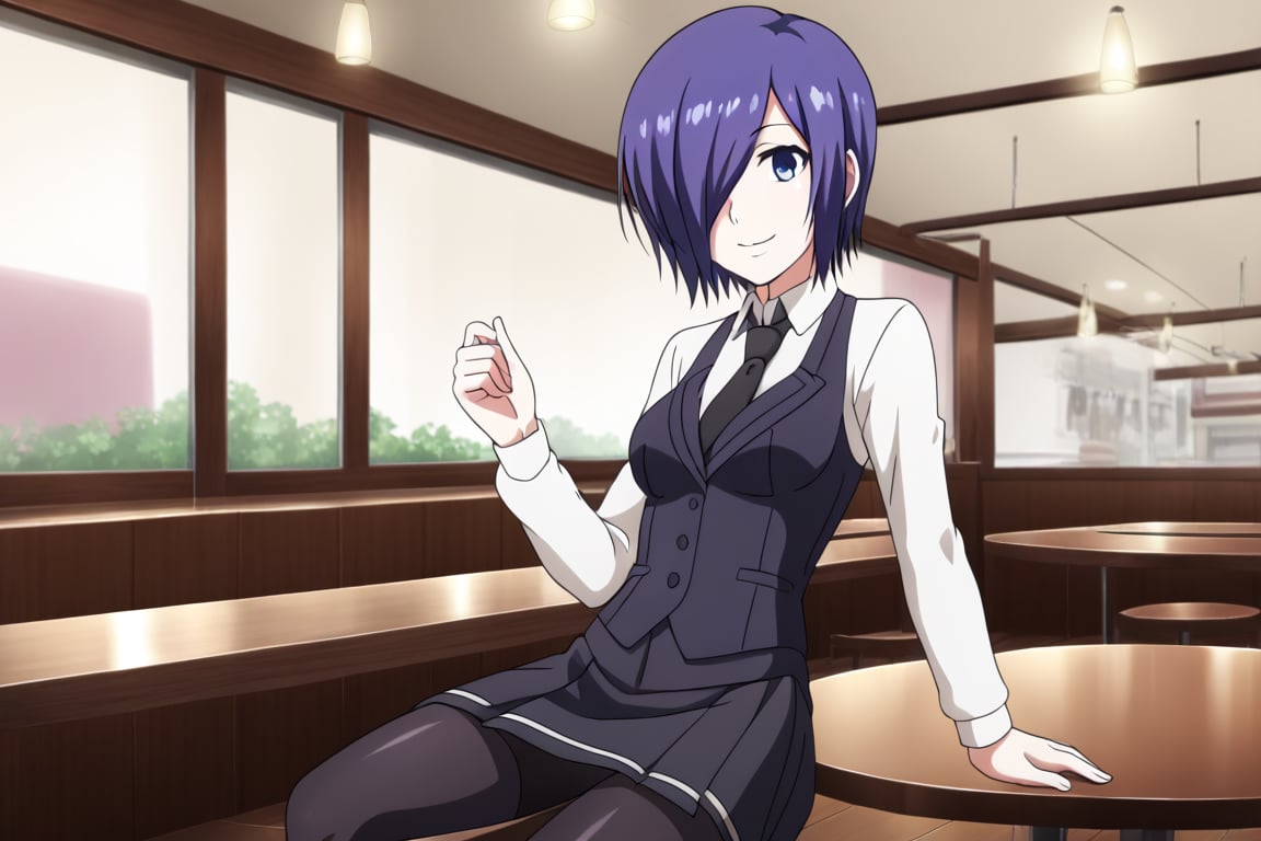 , slimes_touka, woman, black skirt, hair over one eye, smile, cafe background,1girl, solo, short hair, blue eyes, skirt, shirt, blue hair,  white shirt, pantyhose, necktie, collared shirt, indoors, hair over one eye, vest, black pantyhose, black necktie, black vest,  kirishima touka