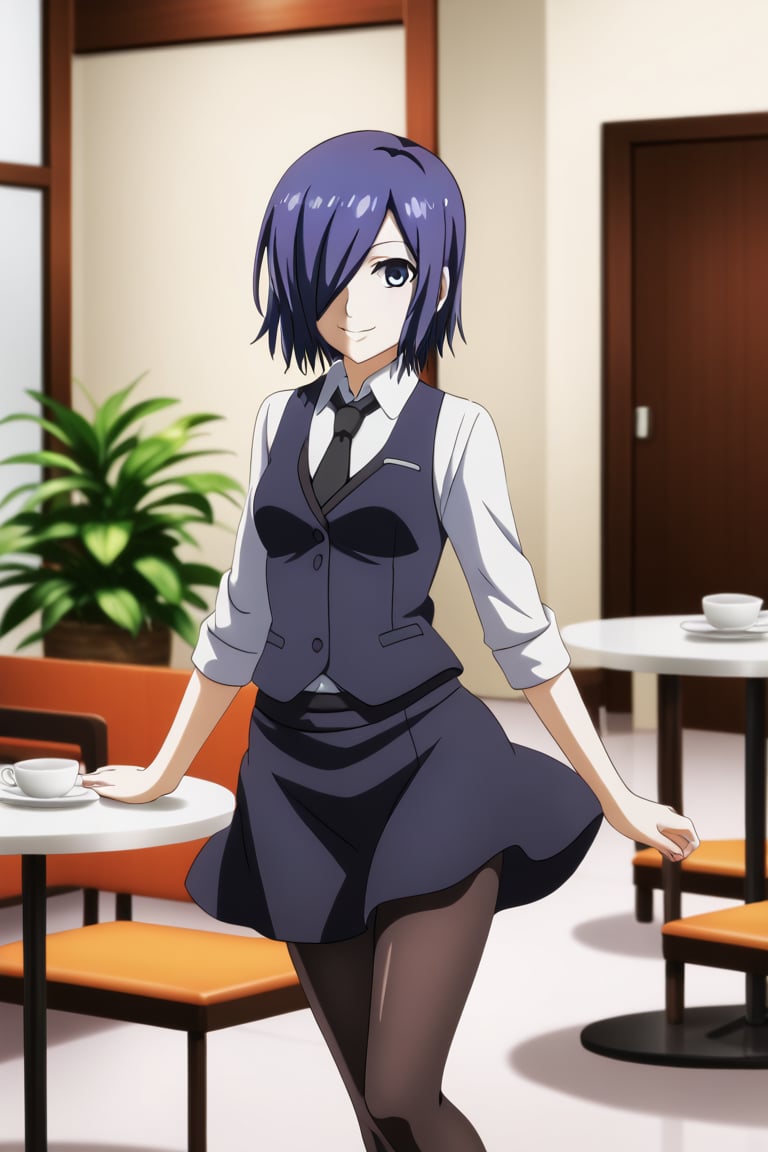 , slimes_touka, woman, black skirt, hair over one eye, smile, cafe background,1girl, solo, short hair, blue eyes, skirt, shirt, blue hair,  white shirt, pantyhose, necktie, collared shirt, indoors, hair over one eye, vest, black pantyhose, black necktie, black vest,  kirishima touka