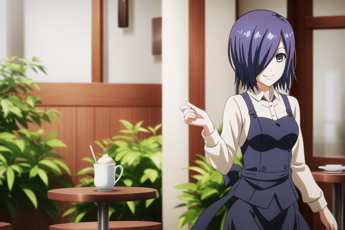 , slimes_touka, woman, solo, black skirt, hair over one eye, smile, cafe background