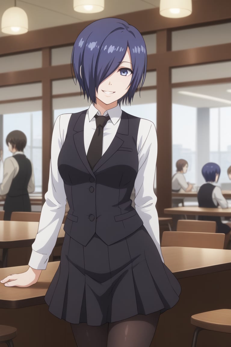 , slimes_touka, woman, black skirt, hair over one eye, smile, cafe background,1girl, solo, short hair, blue eyes, skirt, shirt, blue hair,  white shirt, pantyhose, necktie, collared shirt, indoors, hair over one eye, vest, black pantyhose, black necktie, black vest,  kirishima touka