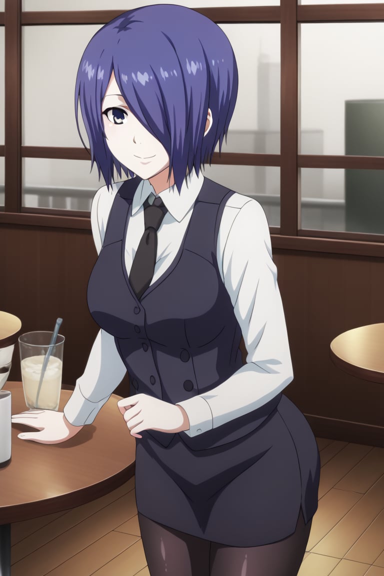 , slimes_touka, woman, black skirt, hair over one eye, smile, cafe background,1girl, solo, short hair, blue eyes, skirt, shirt, blue hair,  white shirt, pantyhose, necktie, collared shirt, indoors, hair over one eye, vest, black pantyhose, black necktie, black vest,  kirishima touka