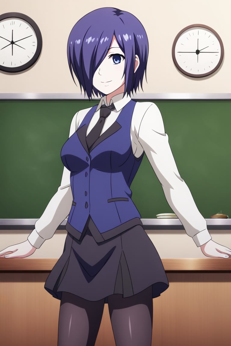 , slimes_touka, woman, solo, black skirt, hair over one eye, smile, cafe background,1girl, solo, short hair, blue eyes, skirt, shirt, blue hair, standing, white shirt, pantyhose, necktie, collared shirt, indoors, hair over one eye, vest, black pantyhose, black necktie, black vest, chalkboard, kirishima touka