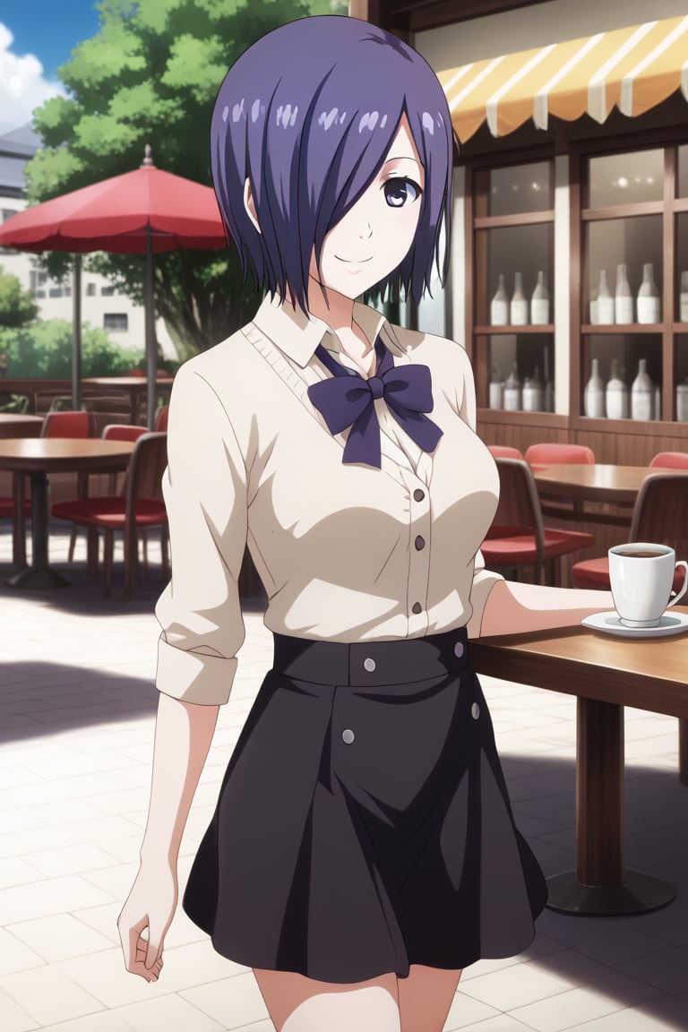 , slimes_touka, woman, solo, black skirt, hair over one eye, smile, cafe background