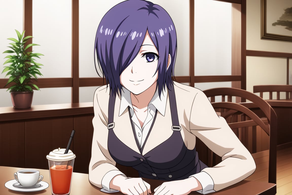 , slimes_touka, woman, solo, black skirt, hair over one eye, smile, cafe background