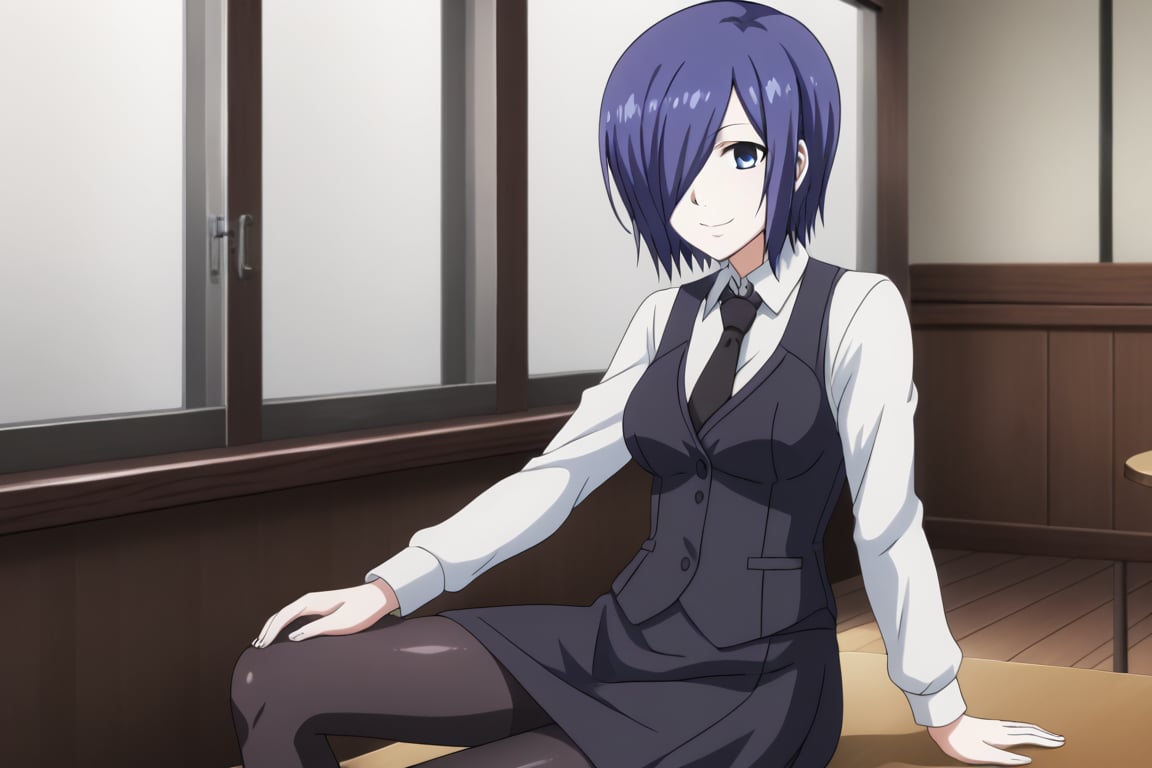 , slimes_touka, woman, solo, black skirt, hair over one eye, smile, cafe background,1girl, solo, short hair, blue eyes, skirt, shirt, blue hair,  white shirt, pantyhose, necktie, collared shirt, indoors, hair over one eye, vest, black pantyhose, black necktie, black vest,  kirishima touka