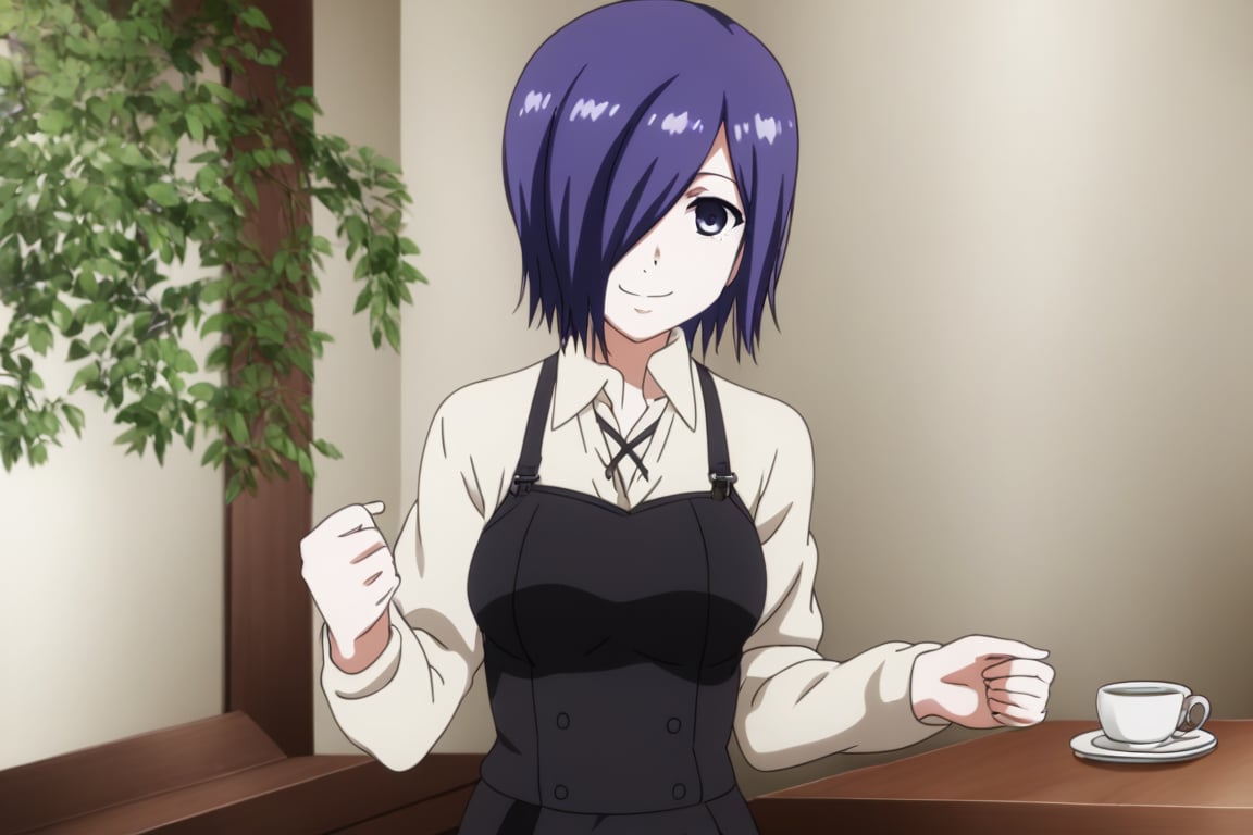 , slimes_touka, woman, solo, black skirt, hair over one eye, smile, cafe background