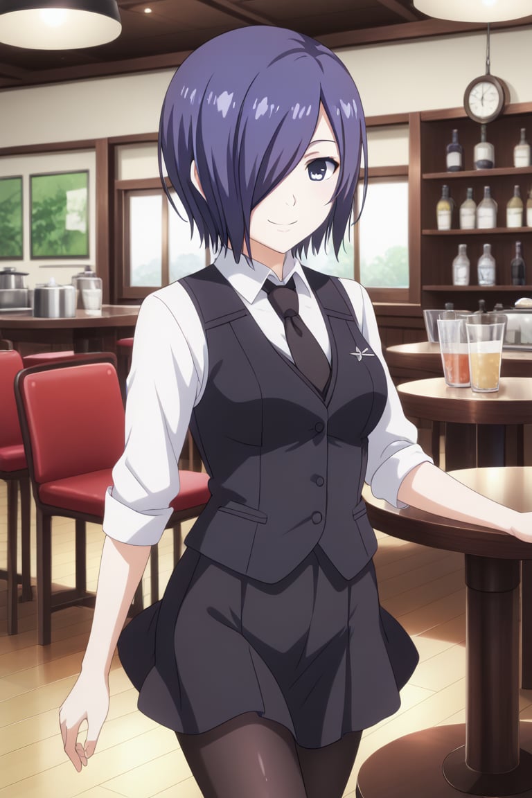 , slimes_touka, woman, black skirt, hair over one eye, smile, cafe background,1girl, solo, short hair, blue eyes, skirt, shirt, blue hair,  white shirt, pantyhose, necktie, collared shirt, indoors, hair over one eye, vest, black pantyhose, black necktie, black vest,  kirishima touka