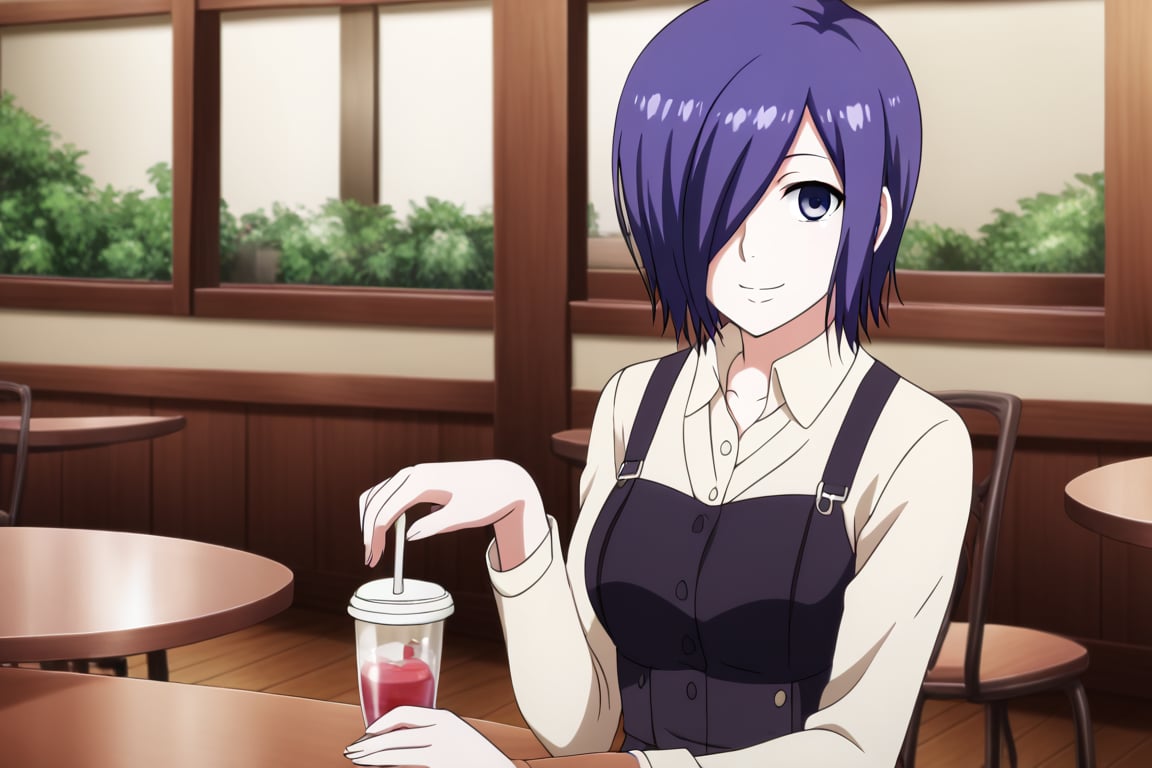 , slimes_touka, woman, solo, black skirt, hair over one eye, smile, cafe background