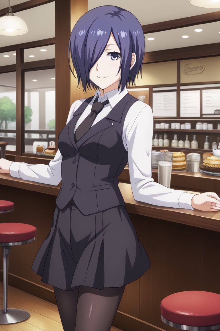 , slimes_touka, woman, black skirt, hair over one eye, smile, cafe background,1girl, solo, short hair, blue eyes, skirt, shirt, blue hair,  white shirt, pantyhose, necktie, collared shirt, indoors, hair over one eye, vest, black pantyhose, black necktie, black vest,  kirishima touka