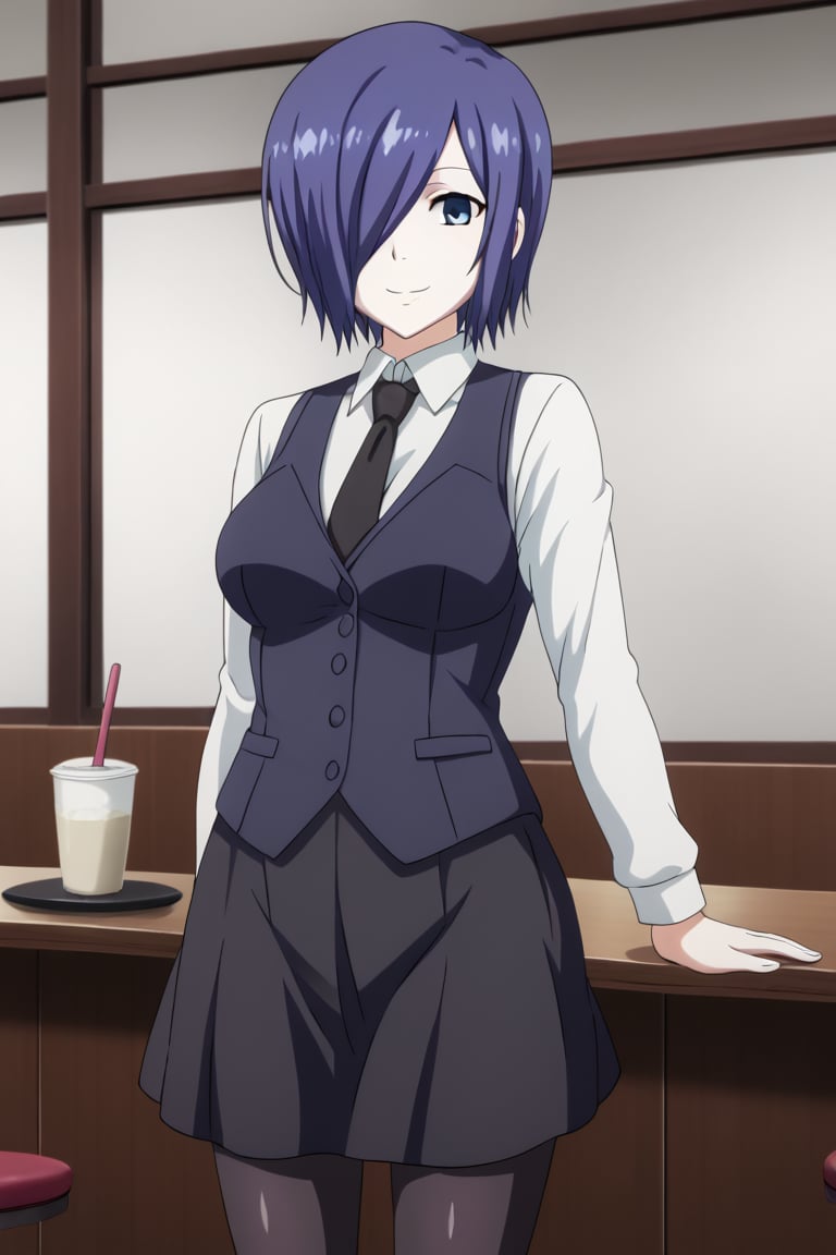 , slimes_touka, woman, solo, black skirt, hair over one eye, smile, cafe background,1girl, solo, short hair, blue eyes, skirt, shirt, blue hair,  white shirt, pantyhose, necktie, collared shirt, indoors, hair over one eye, vest, black pantyhose, black necktie, black vest,  kirishima touka