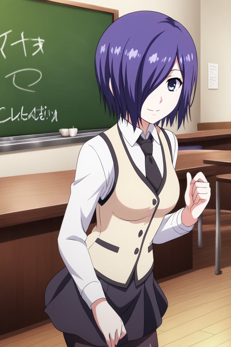 , slimes_touka, woman, solo, black skirt, hair over one eye, smile, cafe background,1girl, solo, short hair, blue eyes, skirt, shirt, blue hair, standing, white shirt, pantyhose, necktie, collared shirt, indoors, hair over one eye, vest, black pantyhose, black necktie, black vest, chalkboard, kirishima touka