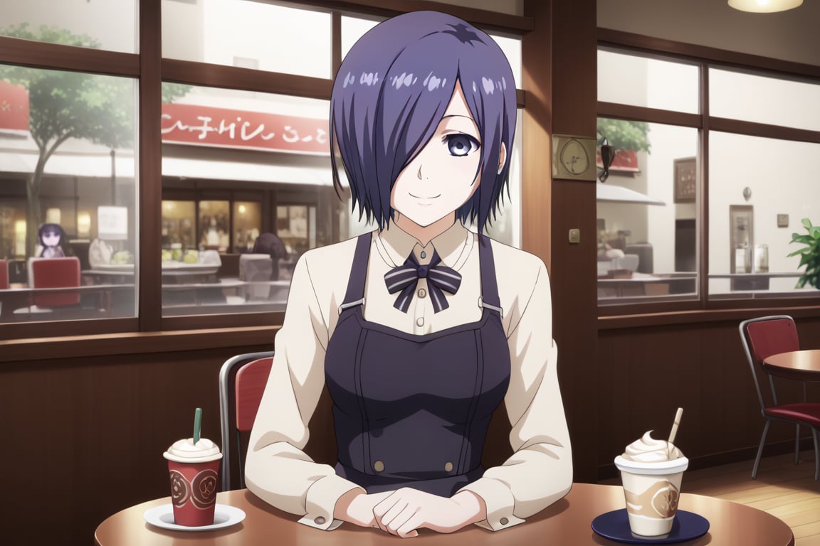 , slimes_touka, woman, solo, black skirt, hair over one eye, smile, cafe background