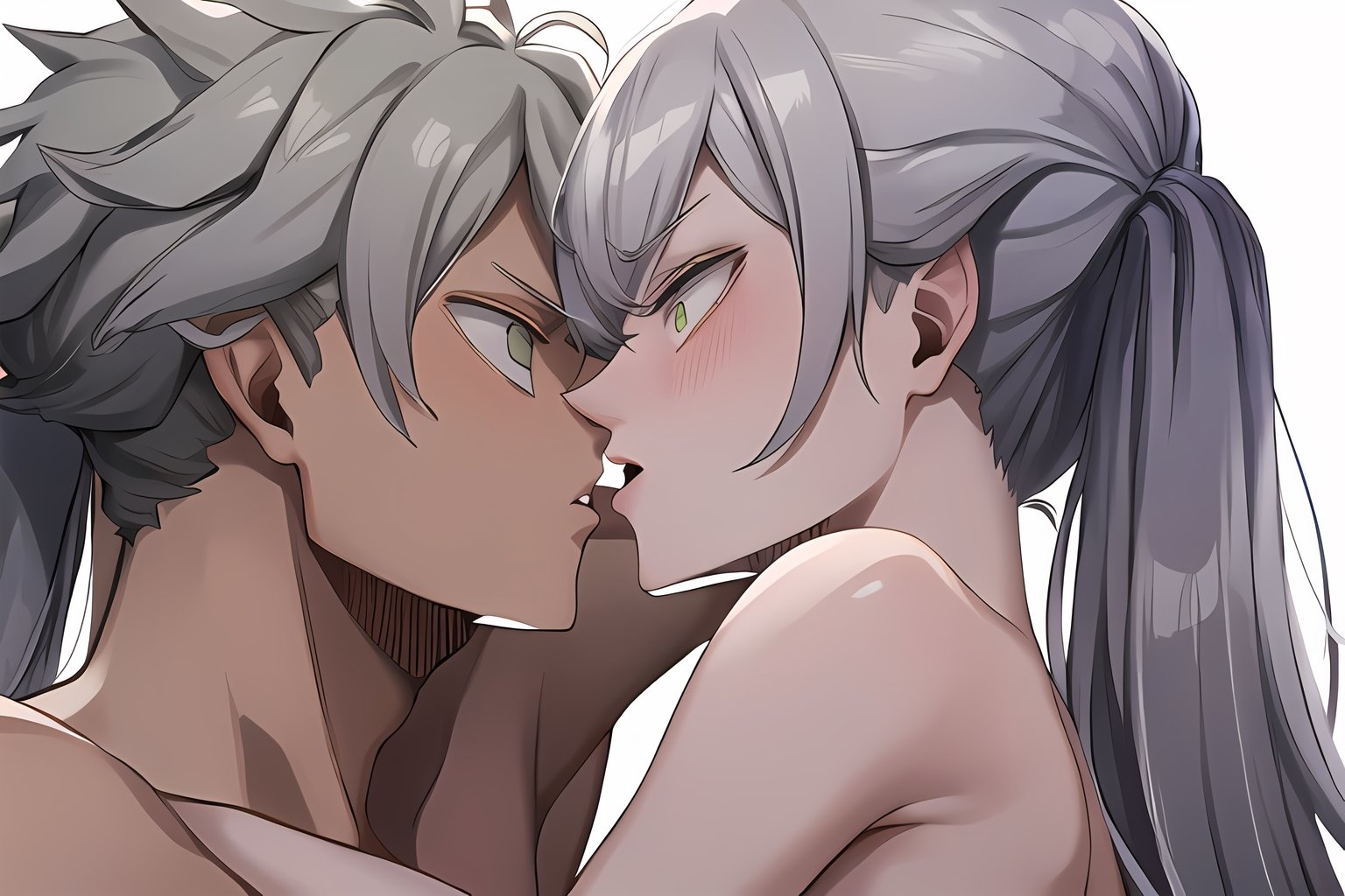 , 
White background:1.5, 

1female, 1male, 2people, male and female having sex, sex, 

, noelle silva, purple eyes, bangs, long hair, twintails, white hair, naked 
,noelle silva, 1female,

,asta, 1male , grey spiky hair,green eyes, naked, nude

, passionate kissing 