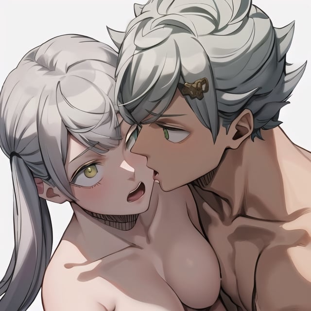 , 
White background:1.5, 

1female, 1male, 2people, male and female having sex, sex, 

, noelle silva, purple eyes, bangs, long hair, twintails, white hair, naked 
,noelle silva, 1female,

,asta, 1male , grey spiky hair,green eyes, naked, nude

, passionate kissing 