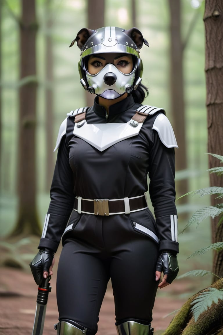 Cute black small pit bull female  terrier mix, with black hair small head, and black body, white streak of hair from under her head to the abdomen, half side of face metallic mask, big cute perfect brown eyes, wearing mechanical uniform white trim, holding light glowing sabers, standing in heroic pose, forest in background.