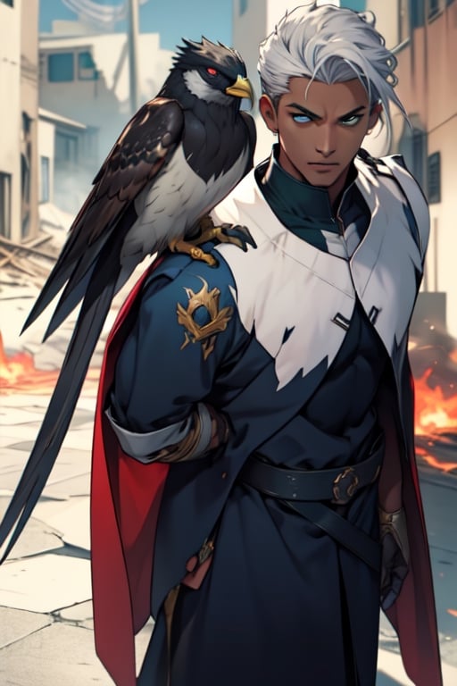 Masterpiece, photorealistic African American 40 year old dark-skinned  male wizard, stoic, chiseled facial features,  piercing eyes, looking at the viewer, tall in height, medium athletic body type, long white hair, with black streaks and trimmed beard. Dressed in long dark green and red robe, d
Bird of prey detail, with a high collar with a large mechanical hawk with larger wings on his right arm that is stretched, bending slightly inward. Dark street background, large full_moon, full-body-shot, hero pose, cape attached to robe blowing in the wind, wizard's body appears to be hovering above the ground, lightning bolts in background, flames and smoke coming from battle torn buildings, detailed image of photo