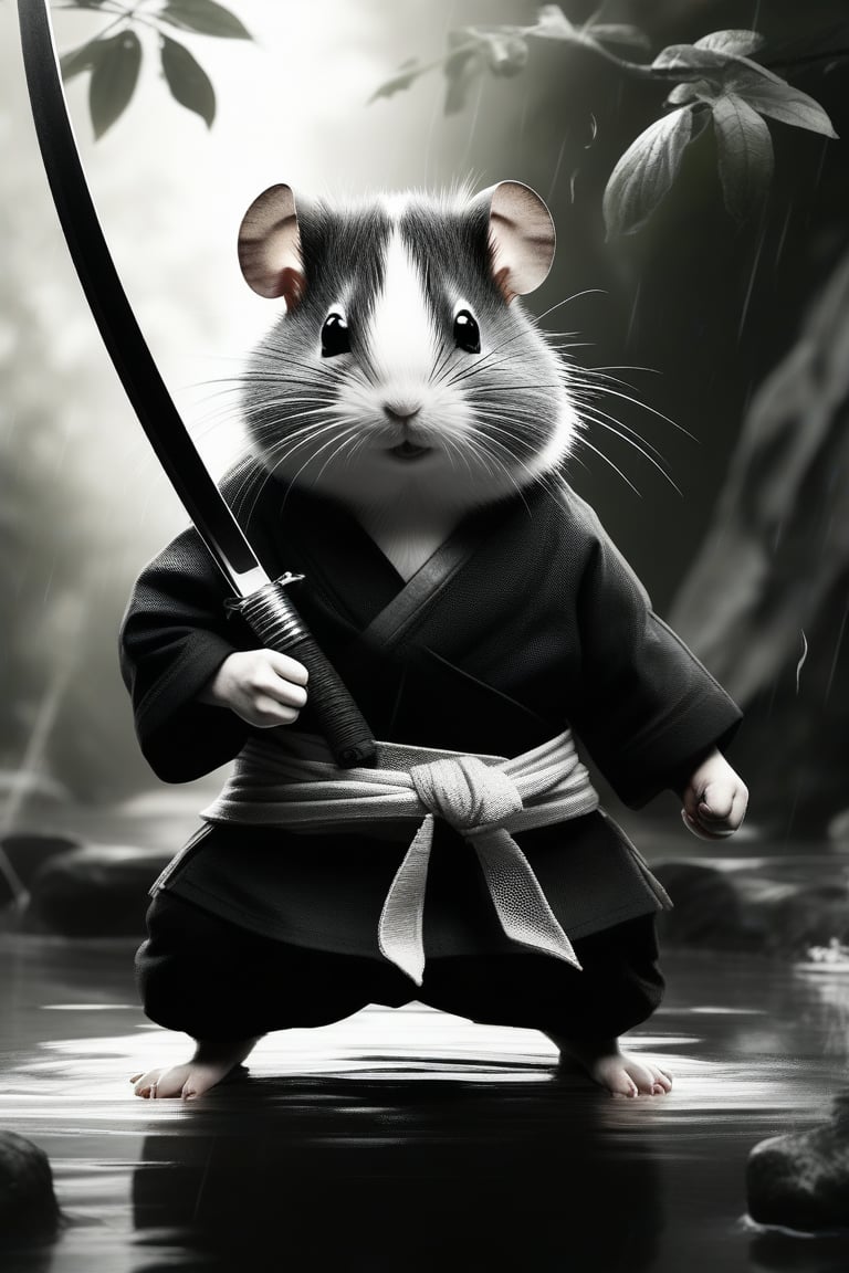 Detailed realistic features of a Black and white battle weary thick muscled Ninja Hamster wearing traditional shinobi garments, holding Japanese sword, detailed dragon hilt. With both paws, with curved blade looking right side to attack or defend, ninja is blended with the trees and vines in the surrounding area, blurry, dreary  background, raining heavily, hero stance, standing in deep water 