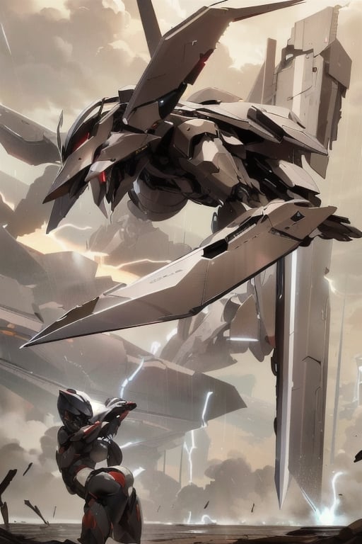 Mecha female_solo Soldier, doing standing split, wearing flexible mecha uniform, large breasts plate, battle-hardened, holding_extra large sword like weapon, battleground, stealthtech, dragonoid, lightning bolts, static, rain ,cutting edge,sleek angular 