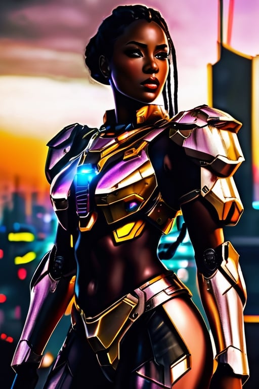 High Detailed beautiful mecha warrior dark_skinned_female glossy skin African mecha warrior with short braided hair, perfect beautiful shiny huge_breasts, sweaty, glossy, beautiful cleavage, mecha uniform looking at viewer, perfect hard_nipples, perfect eyes, perfect mouth, perfect hands, Photographic realism, dark street detailed battleground background, Streaming neon lights, led lights, multiple female detailed beautiful facial features, model soldiers in mecha armor 
 on a elevated building roof crowded, standing in dark background with  a giant Gundam in background, nighttime scene ,YAMATO