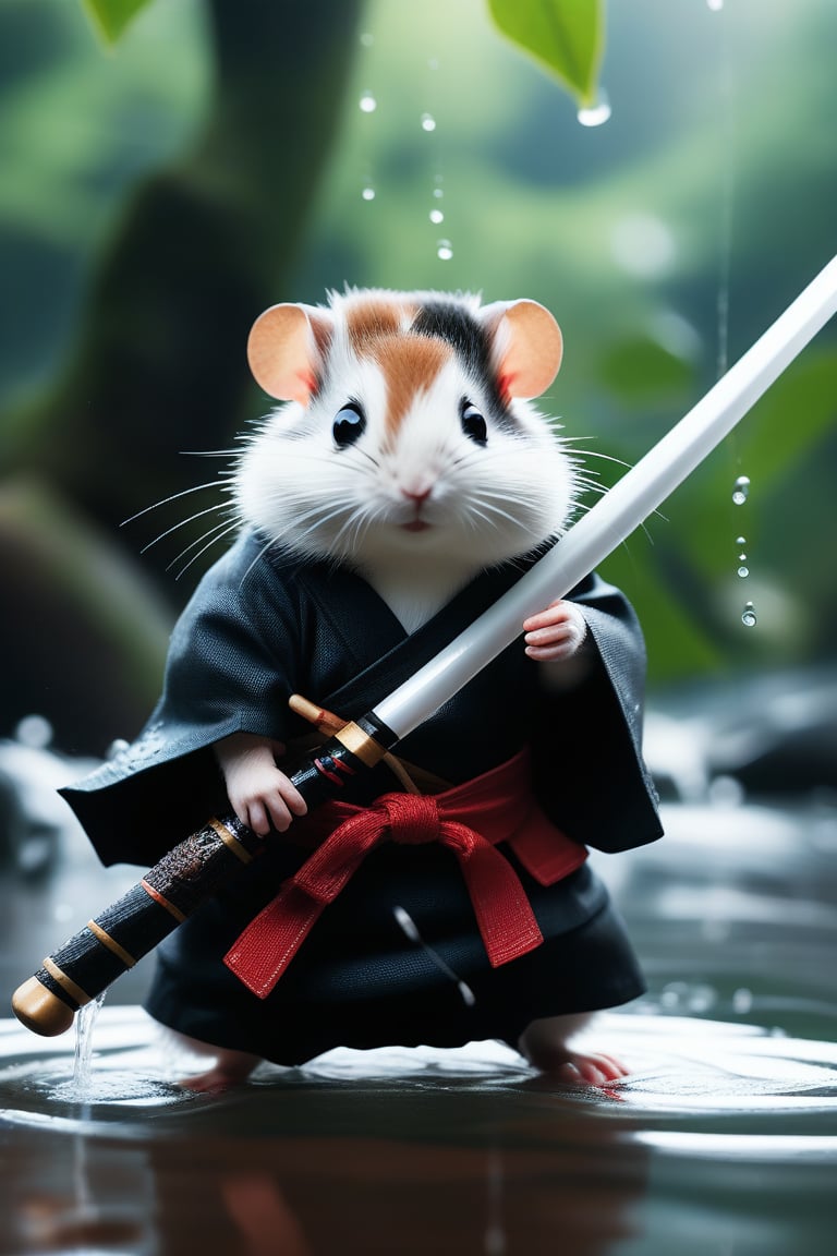 Detailed realistic features of a Black and white Ninja Hamster wearing traditional shinobi garments, holding Japanese sword, detailed dragon hilt. Hamster with holding staff with curved blade looking right side to attack or defend, ninja is blended with the trees and vines in the surrounding area, blurry, dreary  background, raining heavily, hero stance, standing in deep water 