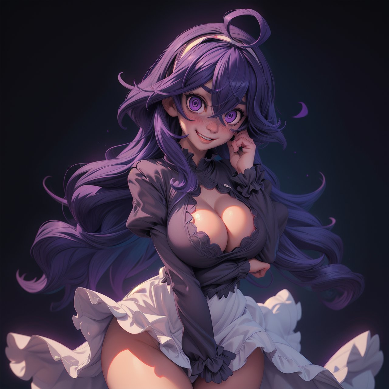 anime, occult, long hair, ahoge, hairband, @ @, 1girl, goth girl, white hairband, open dress, messy hair, smile, huge breasts, hard_nipples, 
cleavage cutout , wide hips, thick thighs, revealing clothing, skindentation, hair between eyes, looking at viewer, solo, bangs, dark purple hair, alternate breast size, open mouth, purple eyes, naked_sleeves, occult, mania girl, cowboy shot, simple dark background, glowing ghost eyes in background, arms behind body, (masterpiece:1.4), (best quality:1.4), ((blushing)), heavy breathing, 