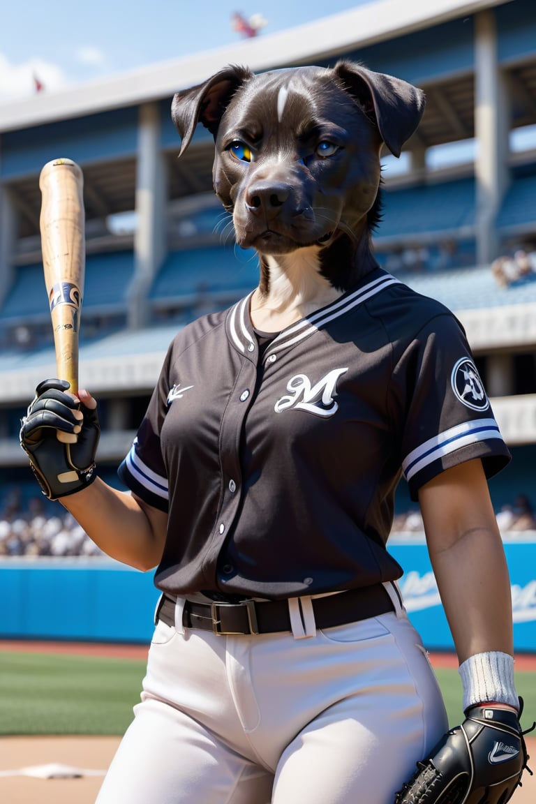 Cute black small pit bull female  terrier mix, with black hair small head, and black body, white streak of hair from under her head to the abdomen, big cute perfect blue eyes, wearing a Baseball uniform shirt, detailed background with a beautifully decorated background, baseball stadium, bright sunshine, baseballs, baseball gloves and baseball bats spread ar the entire body of the dog,marine_stadium