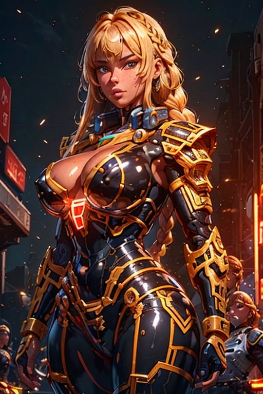 High Detailed beautiful mecha warrior dark_skinned_female glossy skin African mecha warrior with short braided hair, perfect beautiful shiny huge_breasts, sweaty, glossy, beautiful cleavage, mecha uniform looking at viewer, perfect hard_nipples, perfect eyes, perfect mouth, perfect hands, Photographic realism, dark street detailed battleground background, Streaming neon lights, led lights, multiple female detailed beautiful facial features, model soldiers in mecha armor 
 on a elevated building roof crowded, standing in dark background with  a giant Gundam in background, nighttime scene 