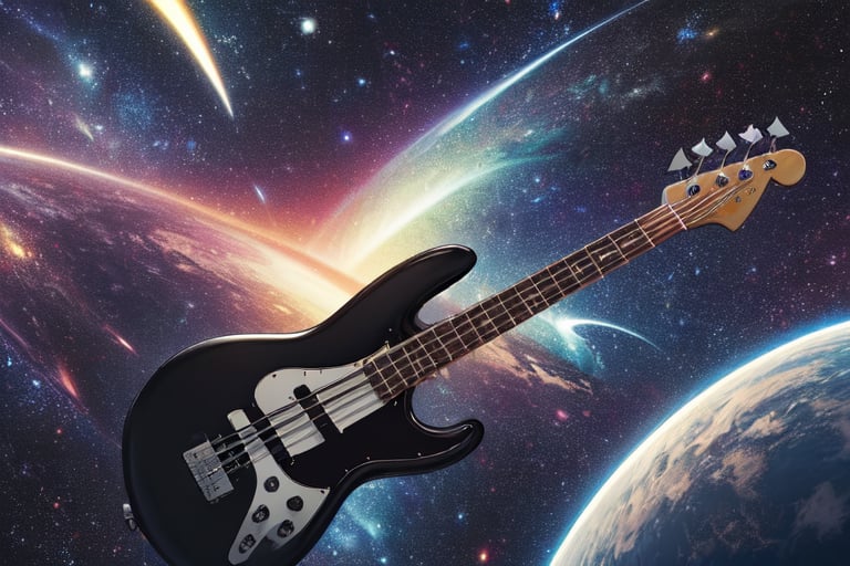 A image of the known universe,  galaxies, black holes generated with cosmic explosions, in the surrounding stars is a large celestial beings' outline of a bass guitar player, playing to the Universe. 