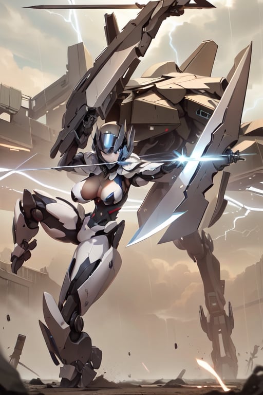 Mecha female_solo Soldier, doing standing split, wearing flexible mecha uniform, large breasts plate, battle-hardened, holding_extra large sword like weapon, battleground, stealthtech, dragonoid, lightning bolts, static, rain ,cutting edge,sleek angular 