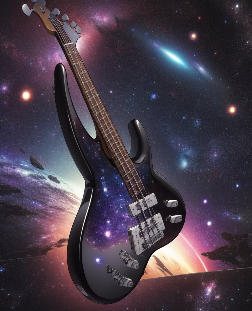 A image of the known universe,  galaxies, black holes generated with cosmic explosions, in the surrounding stars is a large celestial beings' outline of a bass guitar player, playing to the Universe. 