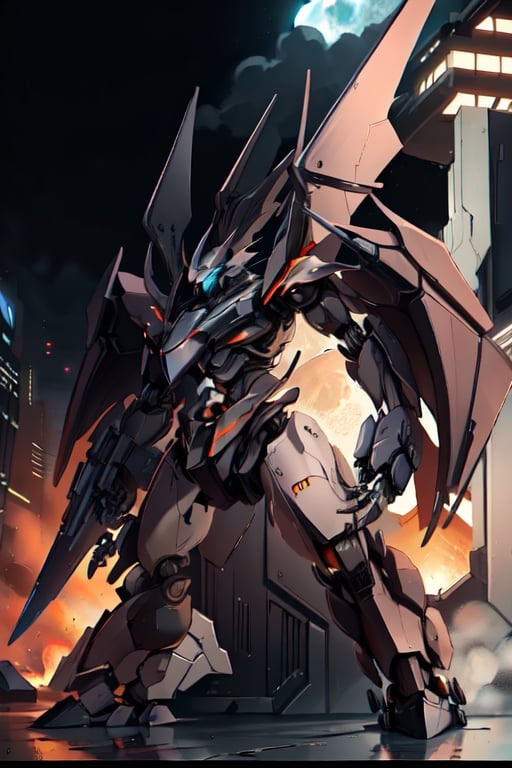 Mech solo, standing, full body, grey background, no humans, multiple robots in background, dragon armor mecha detailed with wings, clenched hands, science fiction, looking_at_the_viewer , side facing hero stance, nighttime scene buildings full_moon, stealthtech, Img2Img 