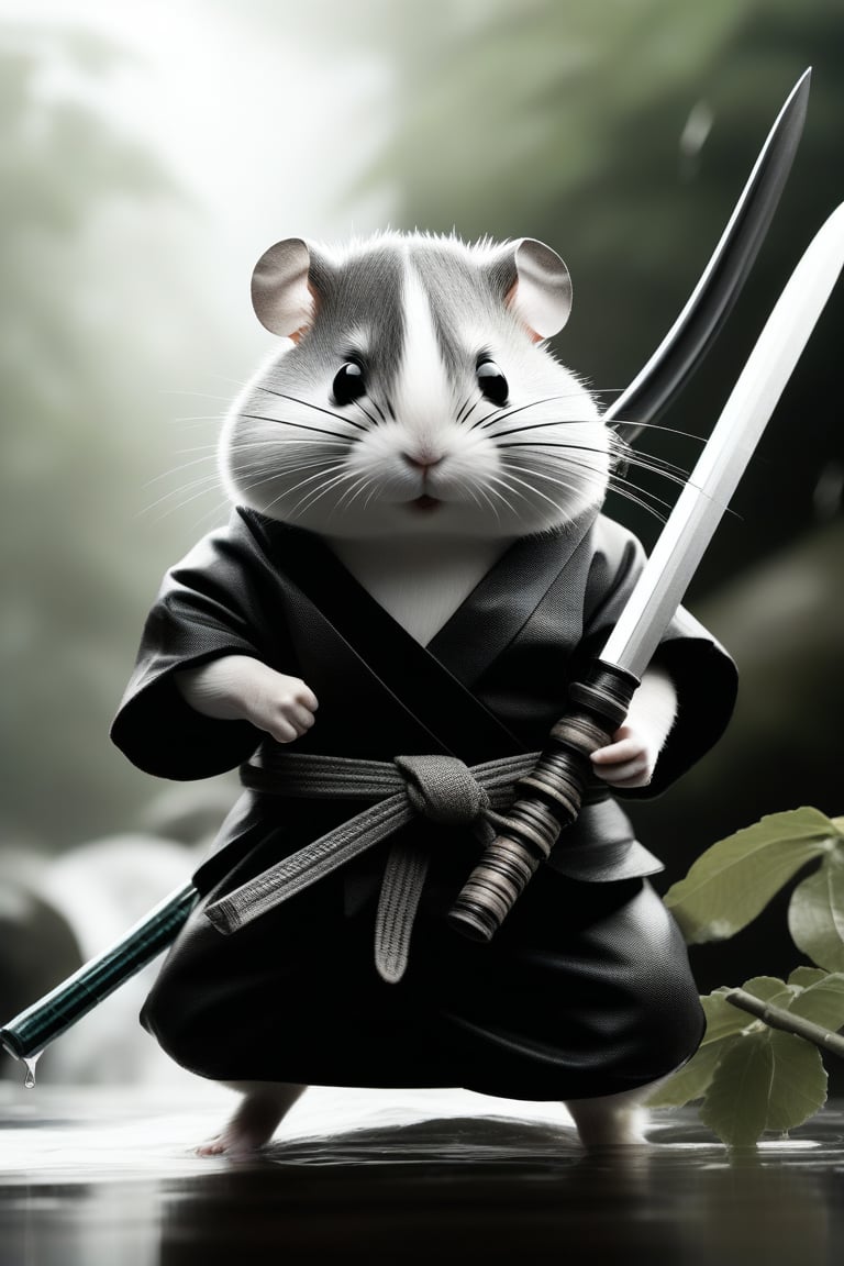 Detailed realistic features of a Black and white battle weary thick muscled Ninja Hamster wearing traditional shinobi garments, holding Japanese sword, detailed dragon hilt. Hamster with holding staff with curved blade looking right side to attack or defend, ninja is blended with the trees and vines in the surrounding area, blurry, dreary  background, raining heavily, hero stance, standing in deep water 