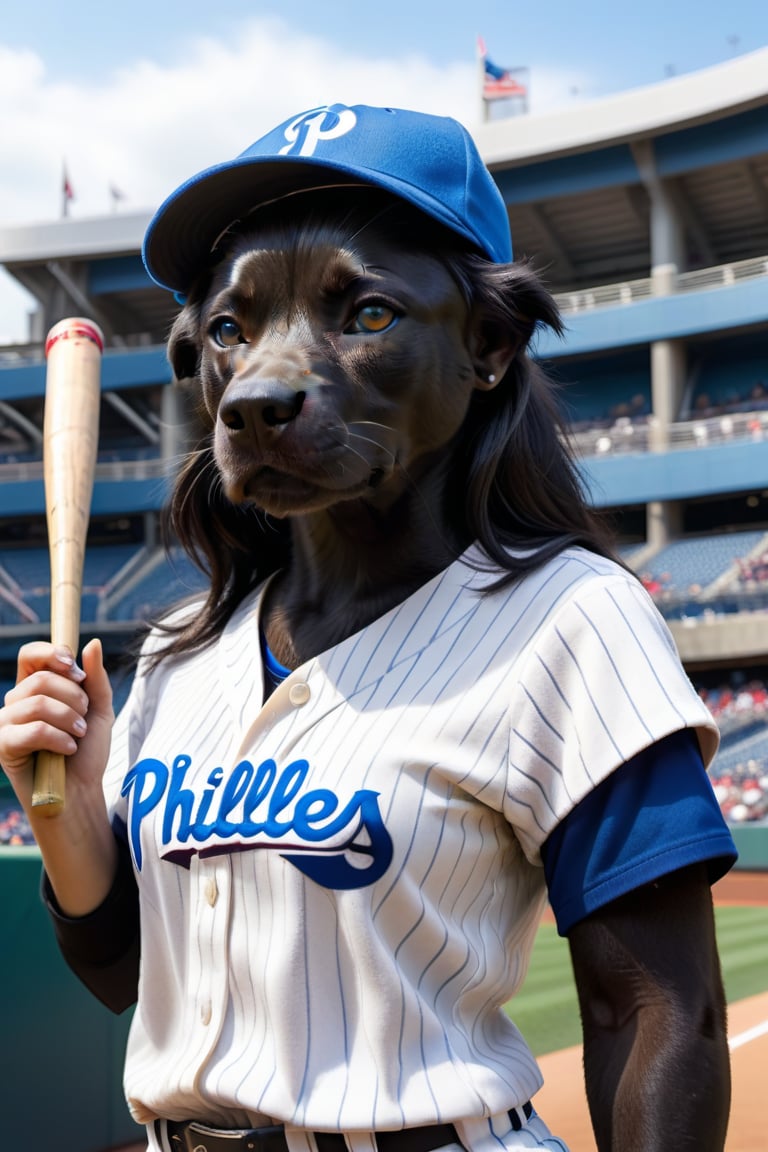 Cute black small pit bull female terrier mix, with black hair small head, and black body, white streak of hair from under her head to the abdomen, big cute perfect blue eyes, wearing a Baseball uniform shirt with baseball cap, detailed background with a beautifully decorated background, baseball stadium, bright sunshine, baseballs, baseball gloves and baseball bats spread ar the entire body of the dog, Phillies_stadium