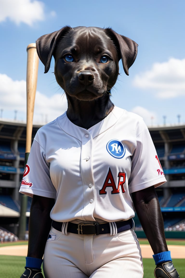 Cute black small pit bull female terrier mix, with black hair small head, and black body, white streak of hair from under her head to the abdomen, big cute perfect blue eyes, wearing a Baseball uniform shirt, detailed background with a beautifully decorated background, baseball stadium, bright sunshine, baseballs, baseball gloves and baseball bats spread ar the entire body of the dog, Phillies_stadium