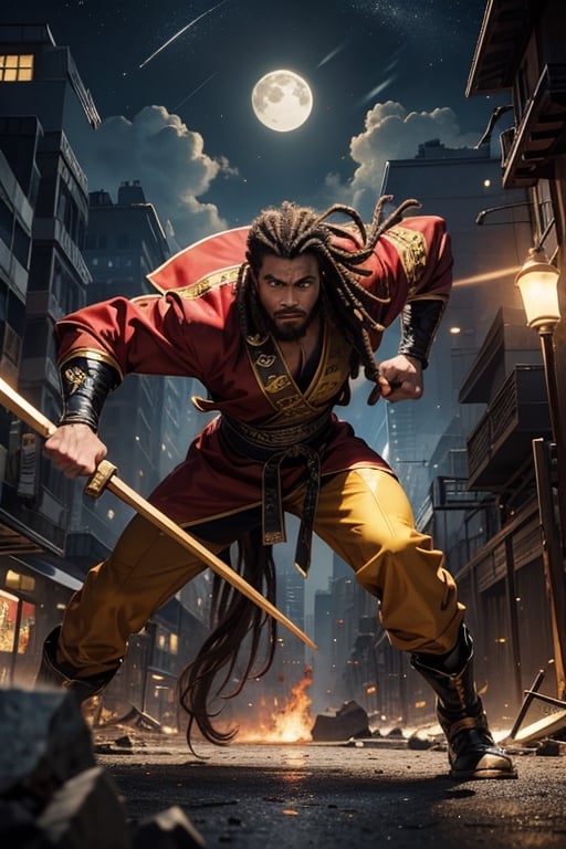 Portrait, African American man 30 plus, men, yearr old men, very long_hair,  thick dreadlock hair head, standing hero crane stance, one leg bent, one leg straight, pose standing tall, all fists clinched,  perfect hands clinched in fists with long dreadlocks hair style, slim build, muscular, dark brown_skin, comic book character, different color kung fu uniforms, trimmed in gold, black and red shiny preying mantis kung-fu jacket, white frog buttons front of jacket and sleeves, thick neck muscles, perfect muscular arms showing circular motion, perfect hands forward, perfect wrists both hands, pointer fingers, fists both hands clinched holding two large battle axes,  muscular legs, right leg b straight, , ankle bending down towards ground, lightweight shoes, perfect eyes, perfect thick nose, perfect mouth, perfect muscular arms, electrical discharges around body, perfect relaxed look, electrical discharges through eyes, nighttime scene, explosions, destroyed buildings,  half_moon background,  cloud_scape,  looking_at_camera, full_body pose 