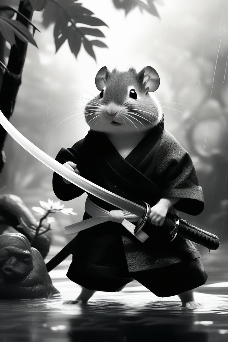 Detailed realistic features of a Black and white battle weary thick muscled Ninja Hamster wearing traditional shinobi garments, holding Japanese sword, detailed dragon hilt. With both paws, arms across the body, looking right side to attack or defend, ninja is blended with the trees and vines in the surrounding area, blurry, dreary  background, raining heavily, hero stance, standing in deep water 